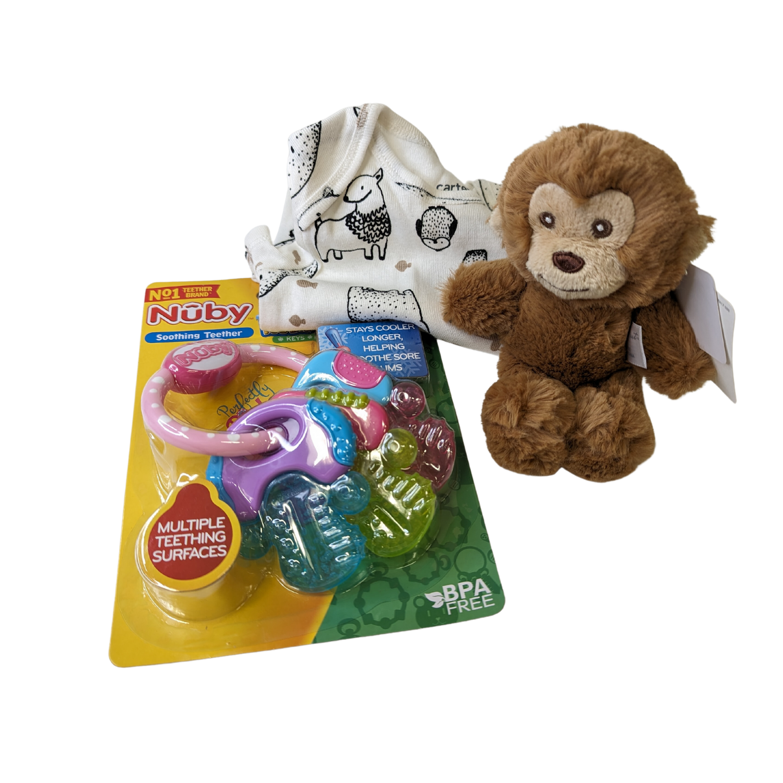 baby onesie, rattle and teether bundle